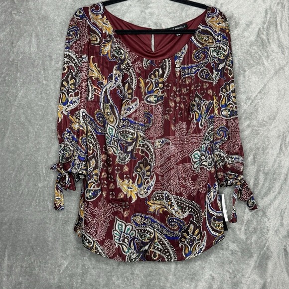 Sara Michelle Tops - Sara Michelle 1X Shirt Top Maroon Red Paisley 3/4 Sleeve Scoop Neck Button Back